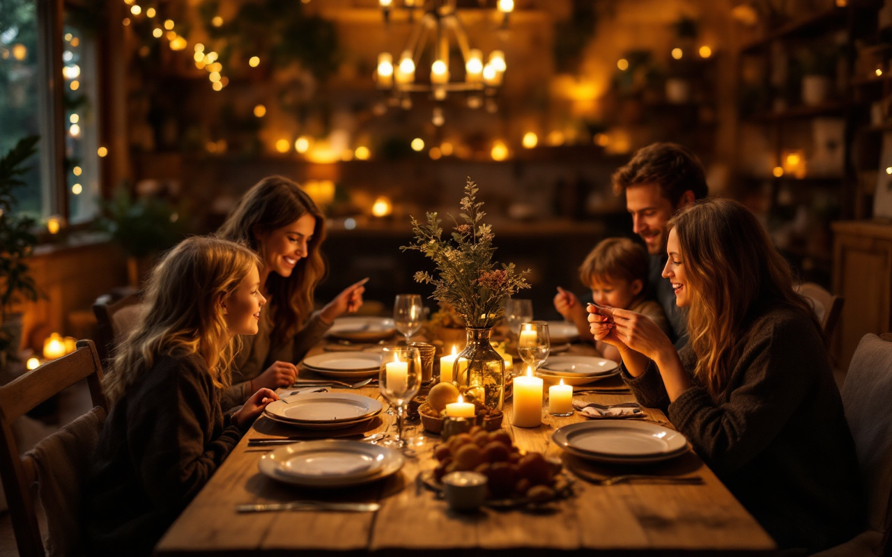 Une ambiance chaleureuse de dîner familial avec des meubles en bois, une table rustique dressée avec des assiettes et des couverts, éclairée par une douce lumière provenant de bougies, créant une atmosphère accueillante.