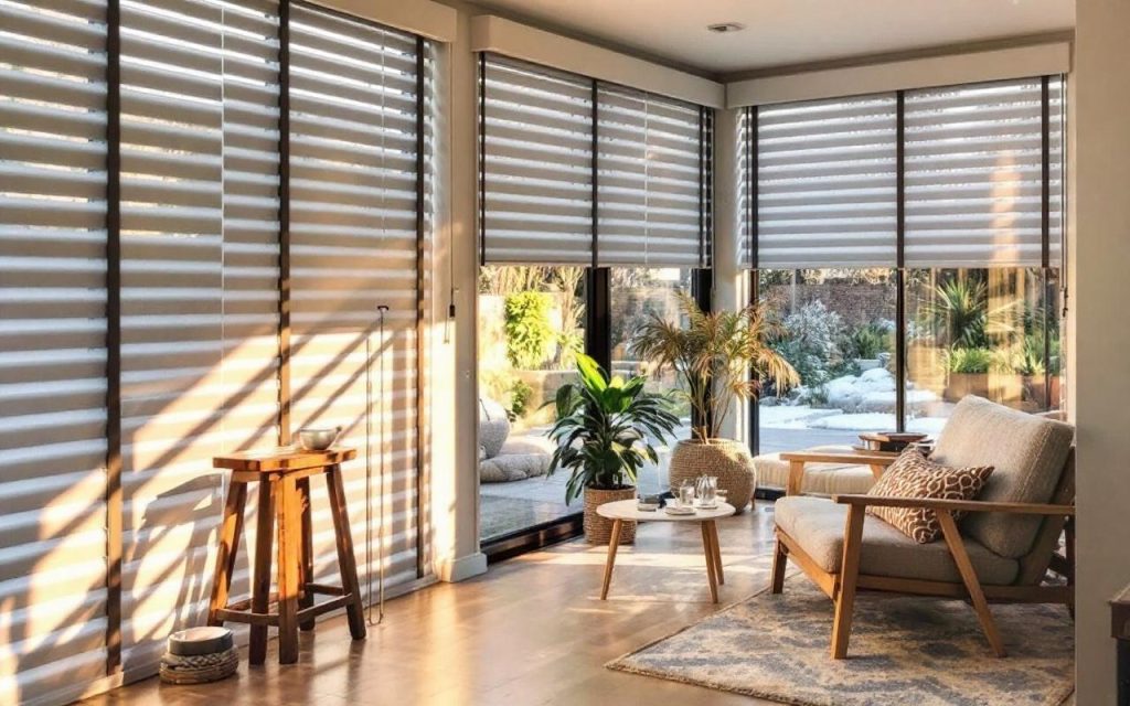 Image d'une installation de stores roulants à l'intérieur d'un salon, avec des stores partiellement installés, des meubles en bois et une lumière naturelle chaleureuse.