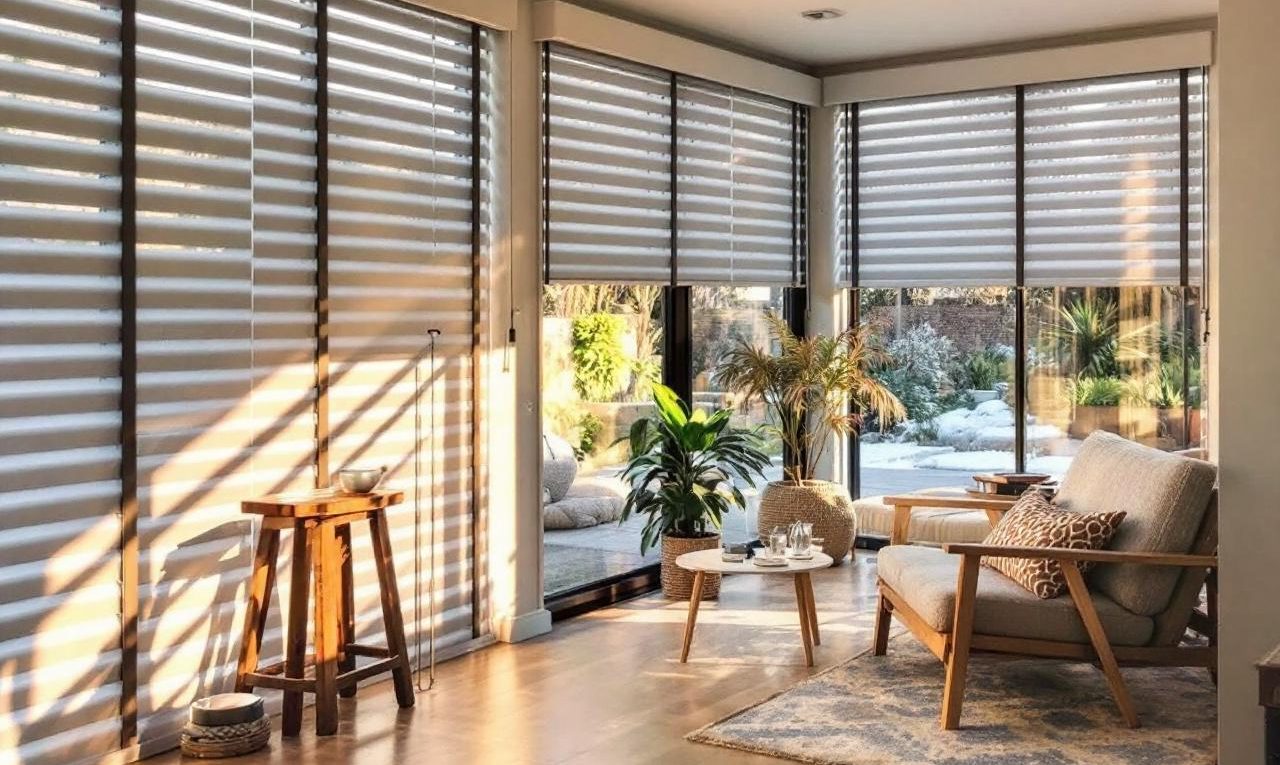 Image d'une installation de stores roulants à l'intérieur d'un salon, avec des stores partiellement installés, des meubles en bois et une lumière naturelle chaleureuse.