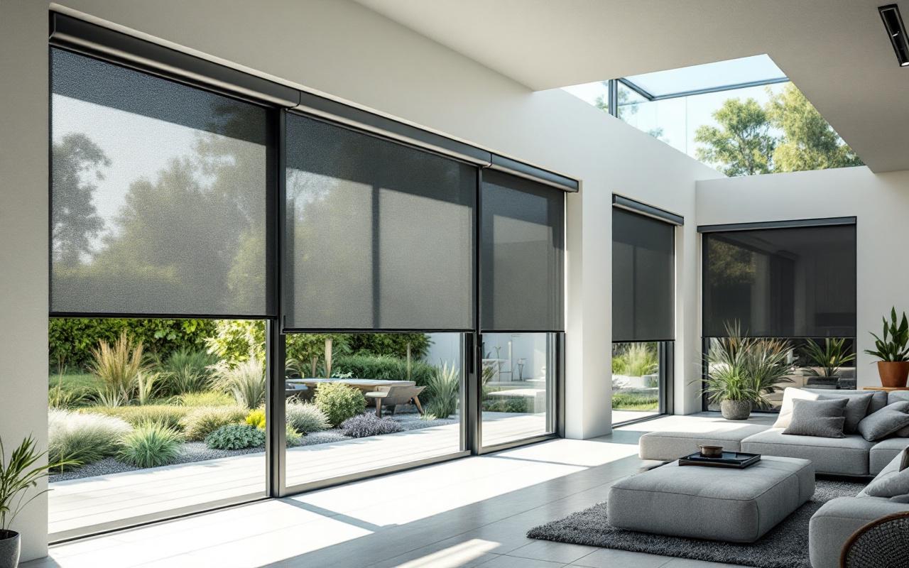 Une maison moderne avec des volets roulants internes, baignée de lumière naturelle, entourée d'un jardin paysager verdoyant.