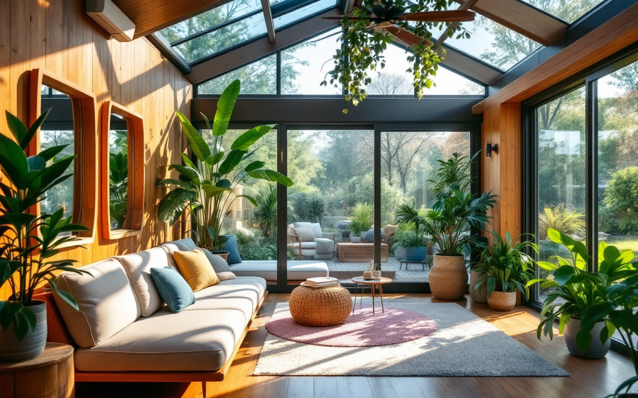 Vue intérieure d'une extension en verre confortable, avec des accents en bois chaleureux, des sièges moelleux et des plantes vertes, inondée de lumière naturelle.
