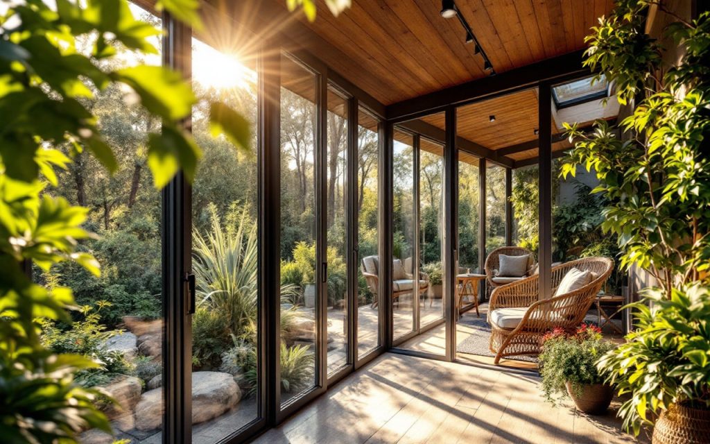 Une véranda isolée avec des panneaux en verre clair, entourée de verdure luxuriante, baignée de lumière naturelle laissant passer la chaleur du soleil.