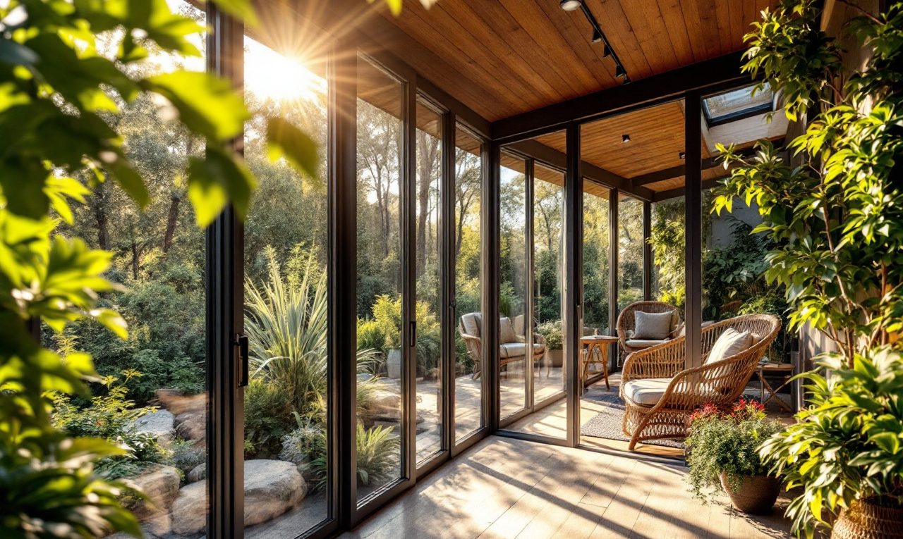 Une véranda isolée avec des panneaux en verre clair, entourée de verdure luxuriante, baignée de lumière naturelle laissant passer la chaleur du soleil.