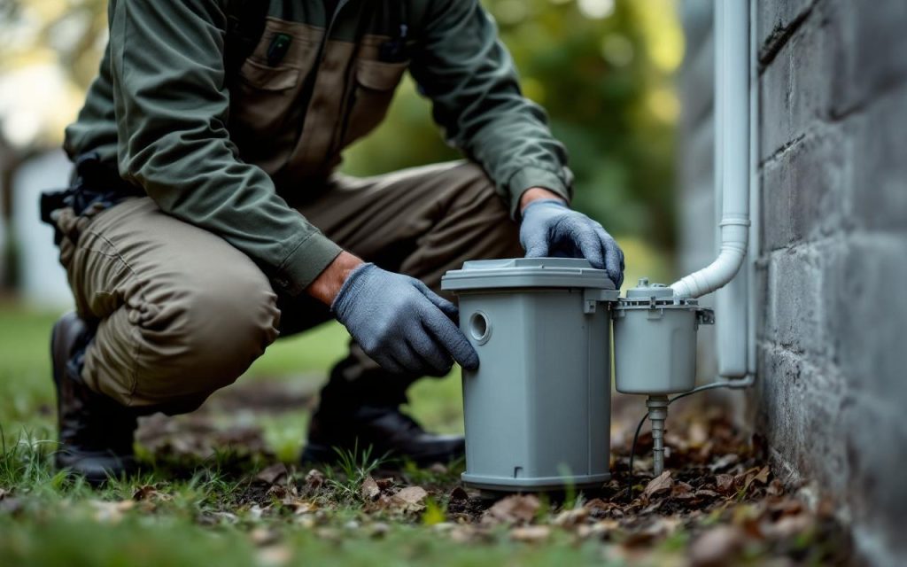 Technicien de lutte antiparasitaire en uniforme et gants, agenouillé au bord de la fondation d'une maison, plaçant une station d'appât verrouillable; jardin suburbain, lumière matinale douce, outils professionnels visibles.