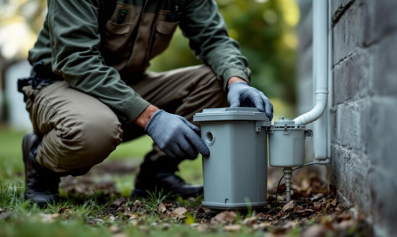 Technicien de lutte antiparasitaire en uniforme et gants, agenouillé au bord de la fondation d'une maison, plaçant une station d'appât verrouillable; jardin suburbain, lumière matinale douce, outils professionnels visibles.