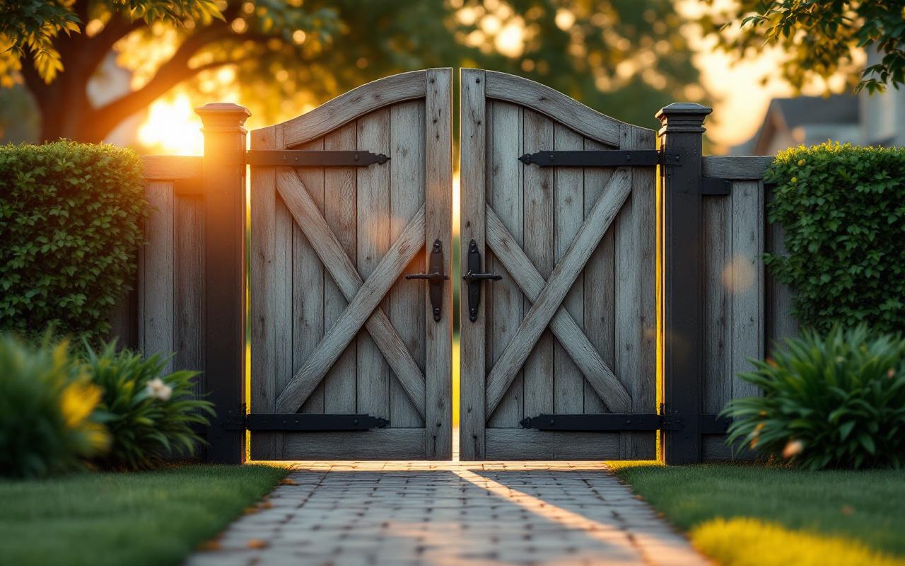 Portail double battant s'ouvrant vers l'intérieur dans une cour de banlieue, portail en bois vieilli avec charnières en fer, pelouse entretenue et allée en briques, lumière chaude de coucher de soleil avec rayons volumétriques doux