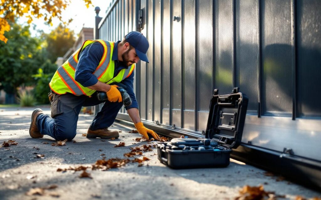 Un technicien installe un moteur de portail coulissant sur une allée résidentielle en béton, agenouillé près d'un portail métallique avec une caisse à outils ouverte, portant un gilet haute visibilité et des gants, éclairage volumétrique matinal doux.