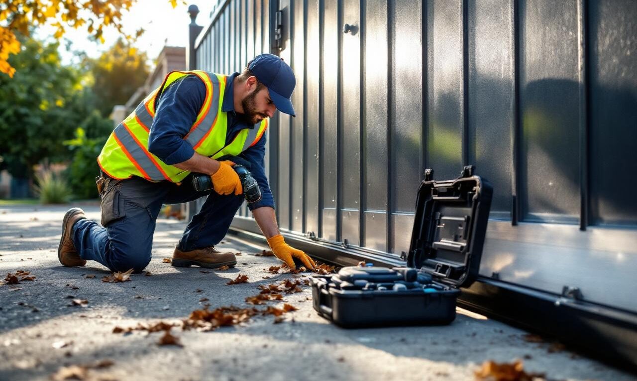Un technicien installe un moteur de portail coulissant sur une allée résidentielle en béton, agenouillé près d'un portail métallique avec une caisse à outils ouverte, portant un gilet haute visibilité et des gants, éclairage volumétrique matinal doux.