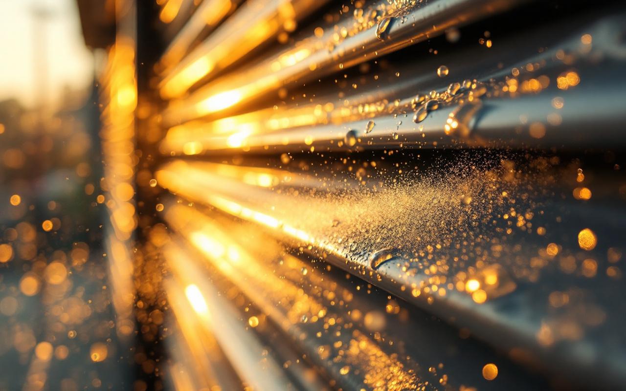 Gros plan d'un rail de volet avec un spray de silicone visible en brume et gouttelettes sur le métal, éclairage naturel doré, texture et reflets nets sur la surface.