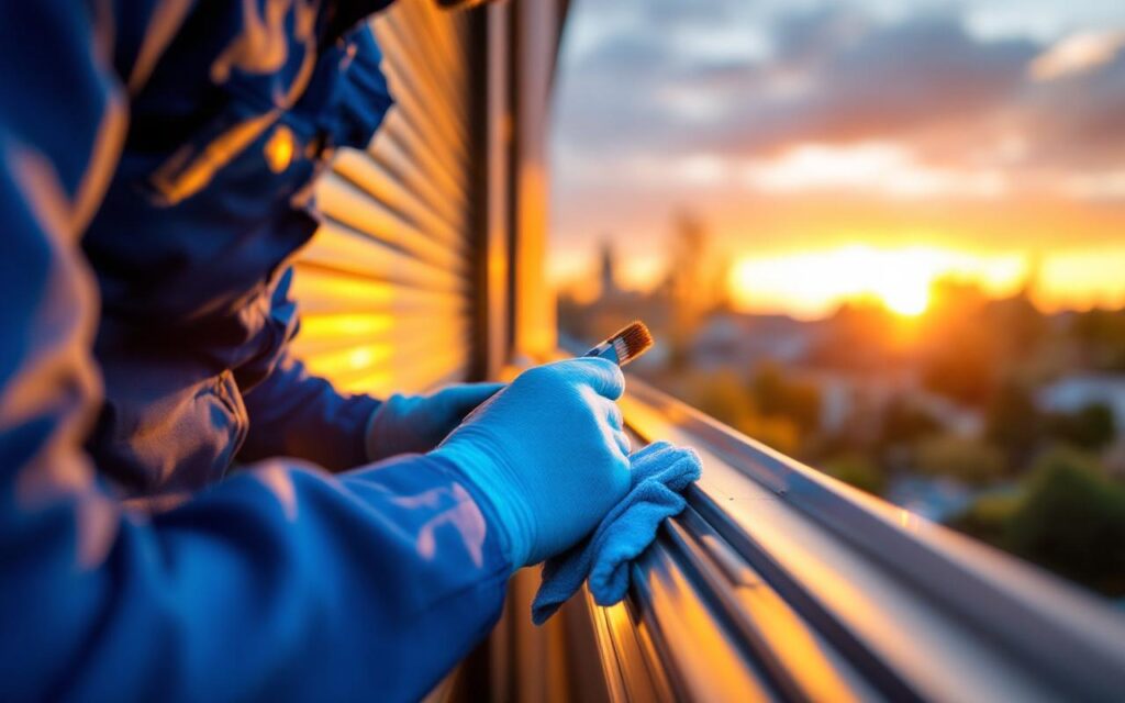 Technicien en tenue bleue nettoyant les guides d'un volet roulant à l'extérieur d'une maison, plan rapproché montrant un chiffon et une brosse, lumière chaude de coucher de soleil et rayons volumétriques, rendu réaliste.