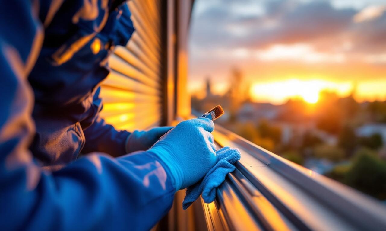 Technicien en tenue bleue nettoyant les guides d'un volet roulant à l'extérieur d'une maison, plan rapproché montrant un chiffon et une brosse, lumière chaude de coucher de soleil et rayons volumétriques, rendu réaliste.