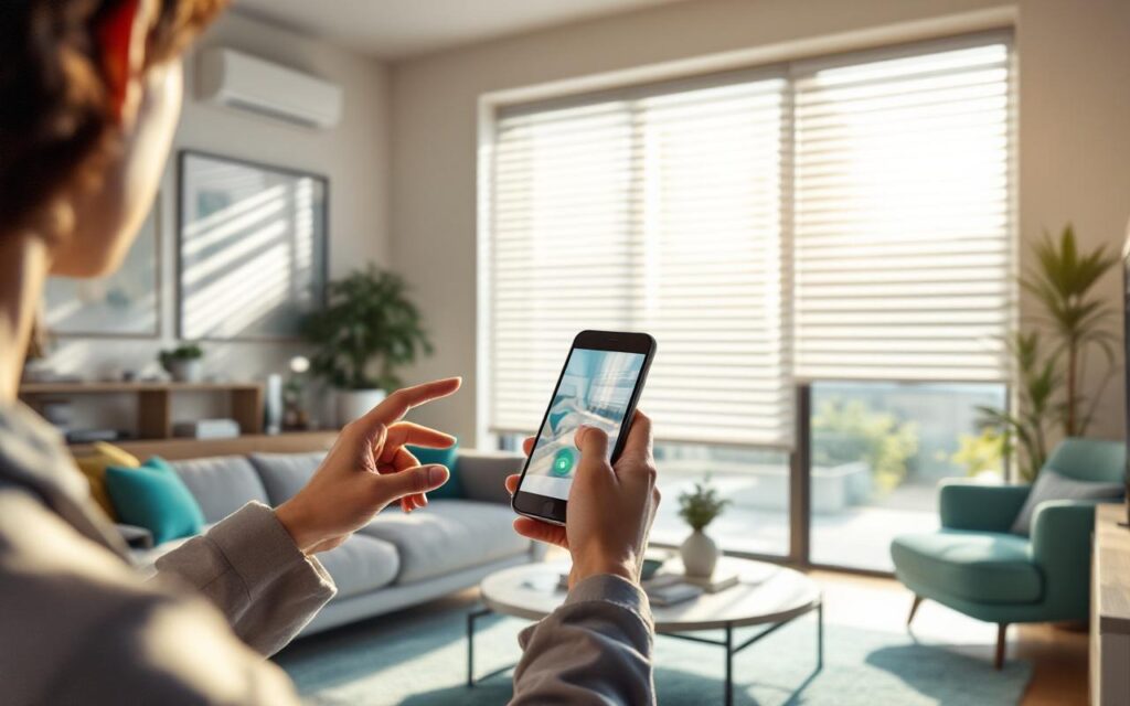 Personne dans un salon moderne tenant un smartphone montrant une application, en train de contrôler des volets roulants motorisés, lumière naturelle volumétrique, tons gris et bois chaleureux