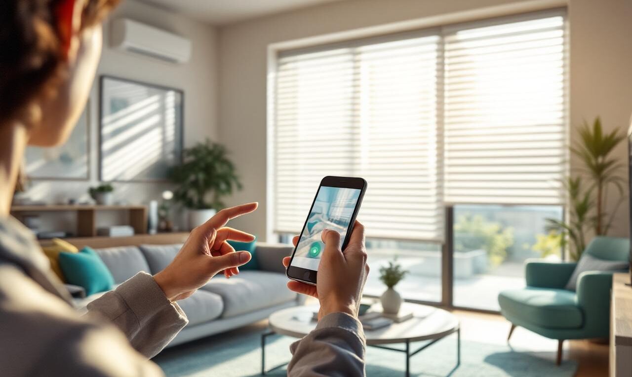 Personne dans un salon moderne tenant un smartphone montrant une application, en train de contrôler des volets roulants motorisés, lumière naturelle volumétrique, tons gris et bois chaleureux