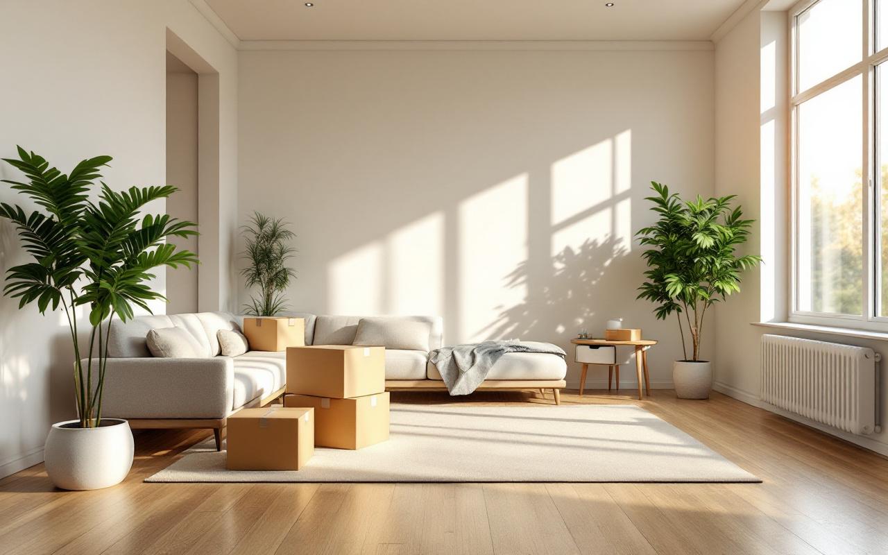 Intérieur moderne récemment achevé : salon vide avec quelques cartons de déménagement, murs blancs et sols en bois clair, grandes fenêtres laissant entrer une lumière naturelle douce et volumétrique, ambiance lumineuse et chaleureuse.