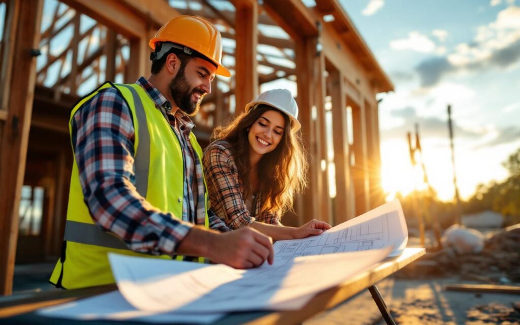 Jeune couple et entrepreneur examinant des plans de maison sur un chantier, entrepreneur en casque et gilet de sécurité, charpente en bois partiellement construite en arrière-plan, lumière chaude de coucher de soleil et rayons volumétriques, ambiance réaliste et naturelle.