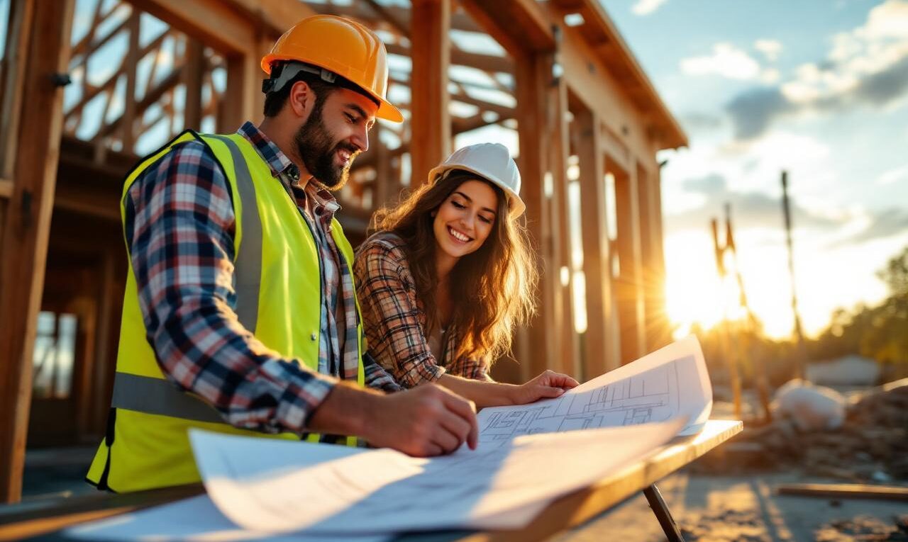 Jeune couple et entrepreneur examinant des plans de maison sur un chantier, entrepreneur en casque et gilet de sécurité, charpente en bois partiellement construite en arrière-plan, lumière chaude de coucher de soleil et rayons volumétriques, ambiance réaliste et naturelle.