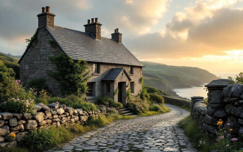 Maison bretonne en pierre au toit d'ardoise, murs de granit patinés couverts de lierre, fleurs sauvages le long d'un chemin pavé et d'un muret, située dans la campagne côtière, éclairée par une légère lumière dorée de coucher de soleil.
