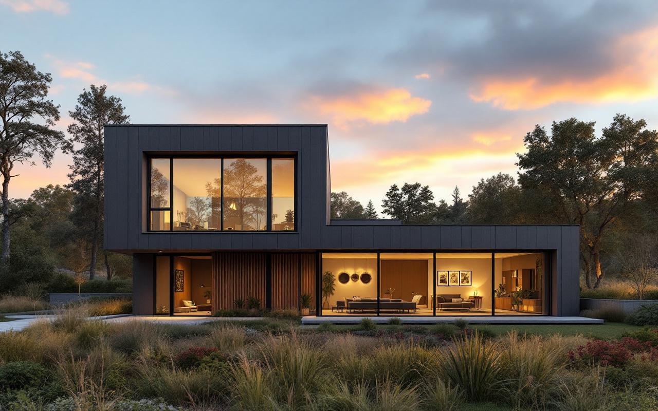 Maison moderne avec grandes baies vitrées et bardage en zinc, vue extérieure au coucher du soleil, jardin minimaliste, accents en bois chaud, reflets sur le verre et lumière volumétrique douce, ciel bleu profond.