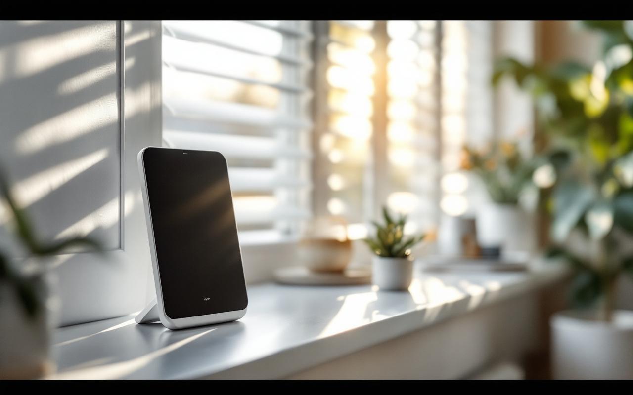 Gros plan d'un hub domotique Somfy posé dans un intérieur lumineux, avec des volets connectés visibles en arrière-plan, lumière solaire volumétrique douce, couleurs dominantes blanc, bois clair et gris, rendu photo réaliste