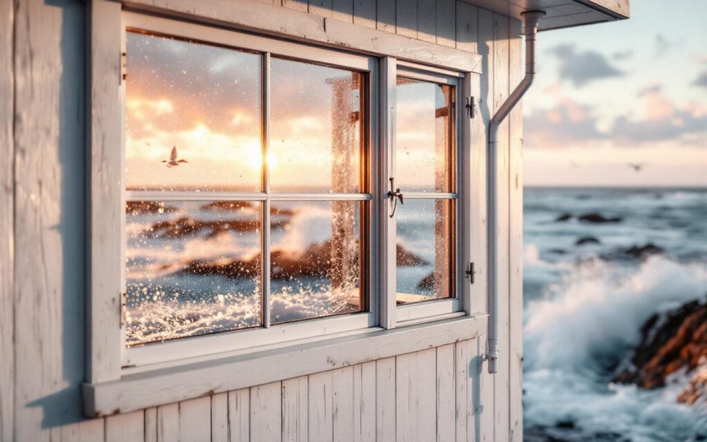 Fenêtres PVC blanches d'une maison en bord de mer, exposées aux embruns alors que des vagues s'écrasent au large. Verre strié de sel, atmosphère brumeuse au coucher du soleil avec lumière chaude et reflets bleu-gris.