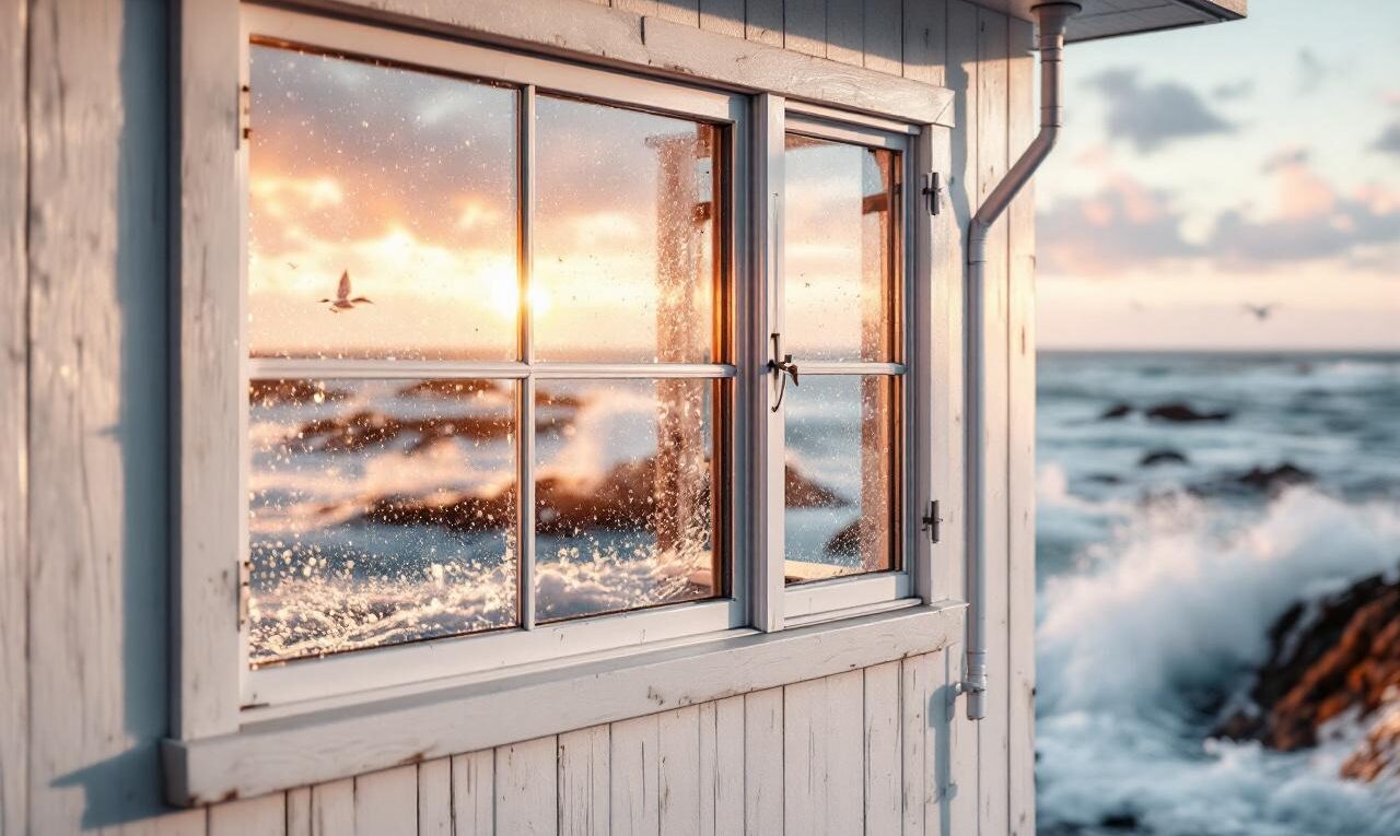 Fenêtres PVC blanches d'une maison en bord de mer, exposées aux embruns alors que des vagues s'écrasent au large. Verre strié de sel, atmosphère brumeuse au coucher du soleil avec lumière chaude et reflets bleu-gris.