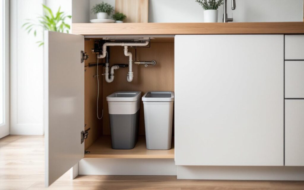 Cuisine moderne avec meuble sous évier ouvert, installation d’une poubelle encastrable et tuyauterie visible.