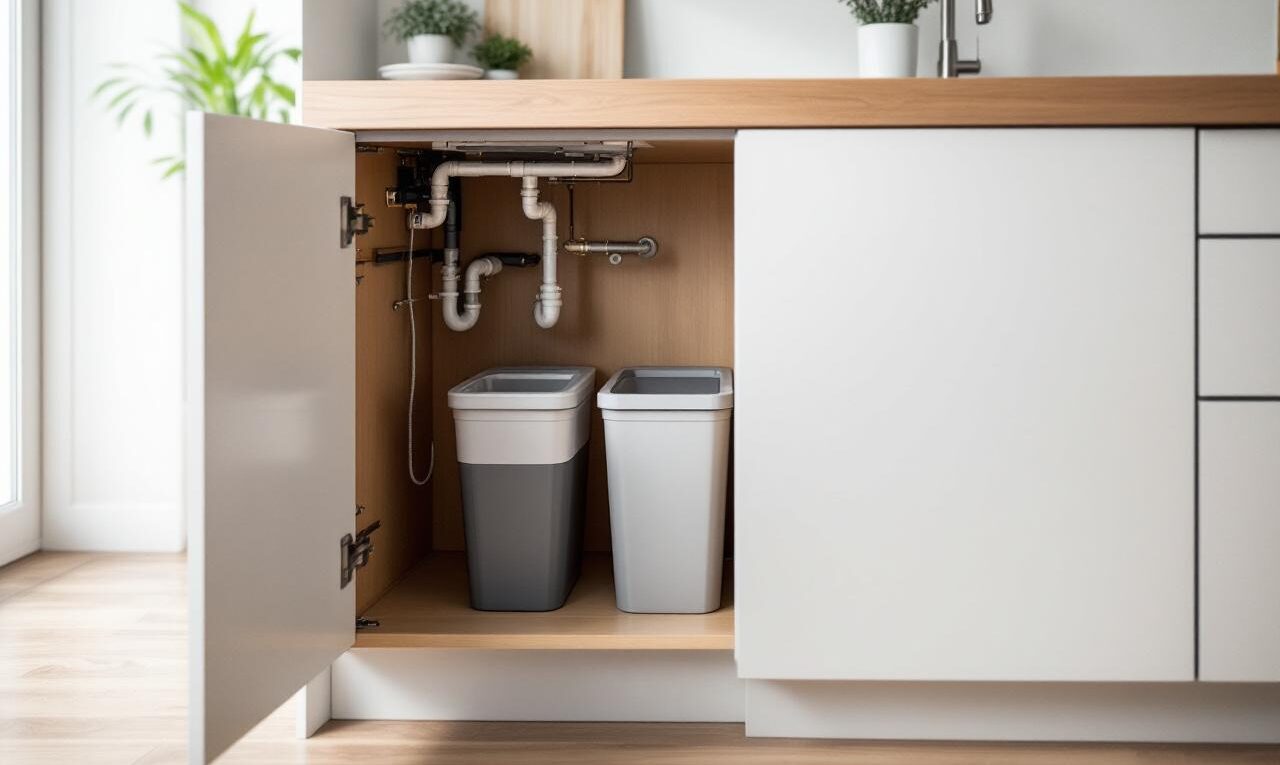 Cuisine moderne avec meuble sous évier ouvert, installation d’une poubelle encastrable et tuyauterie visible.
