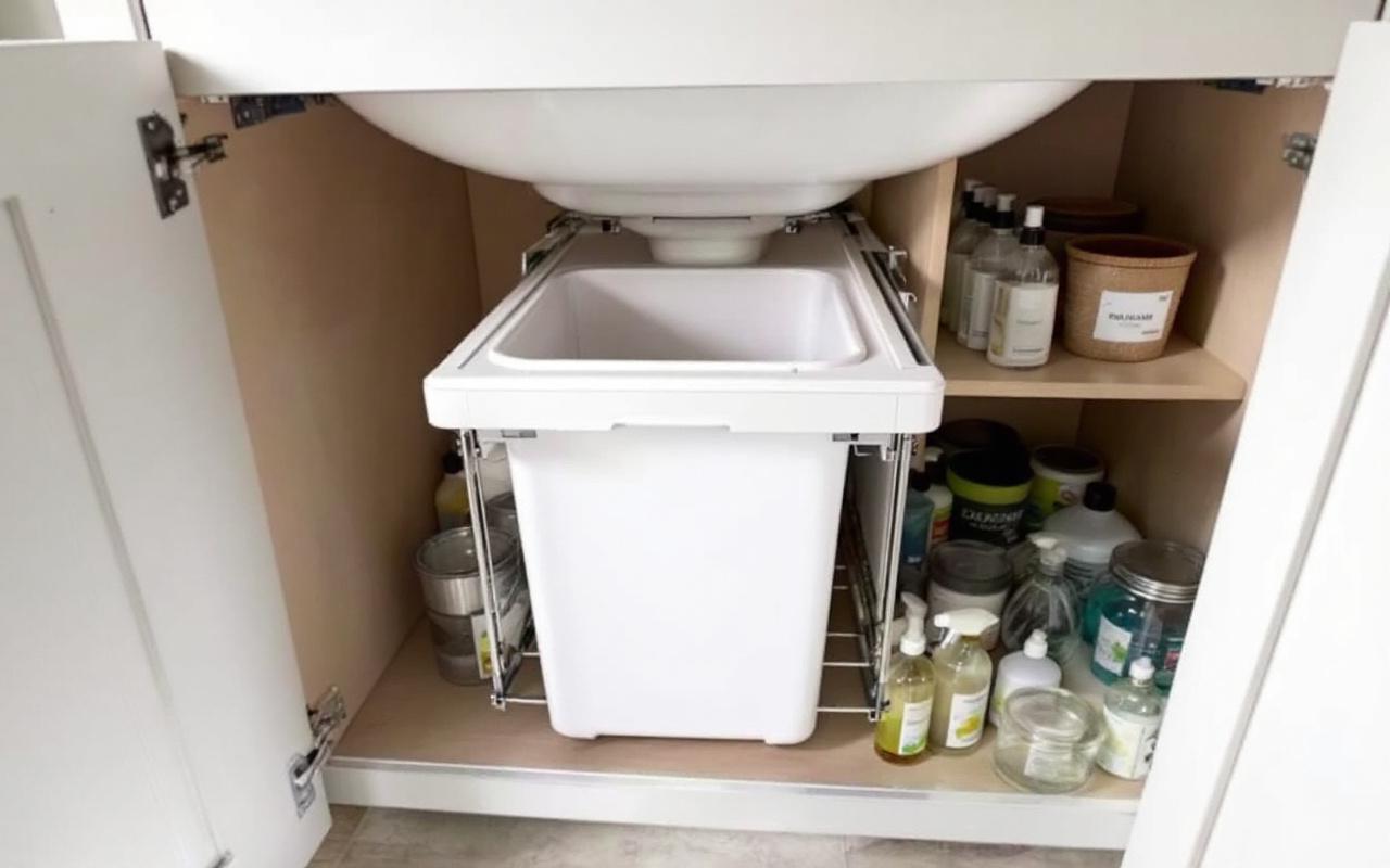 Vue détaillée d’un aménagement sous évier avec une poubelle coulissante à compartiments et des produits ménagers rangés avec soin.