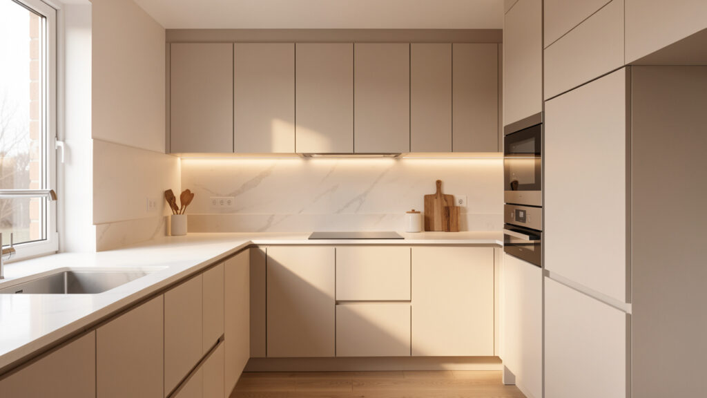 Cuisine moderne lumineuse avec rangements intégrés, plan de travail soigné et ambiance chaleureuse et fonctionnelle.