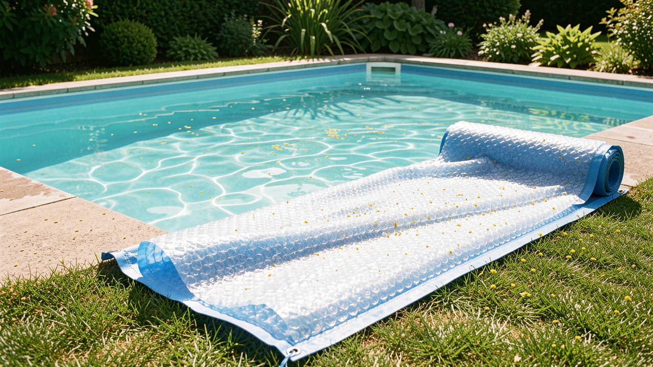 Bâche à bulles bleue partiellement déroulée près d’une piscine familiale, avec une légère couche de pollen visible dans un jardin lumineux.