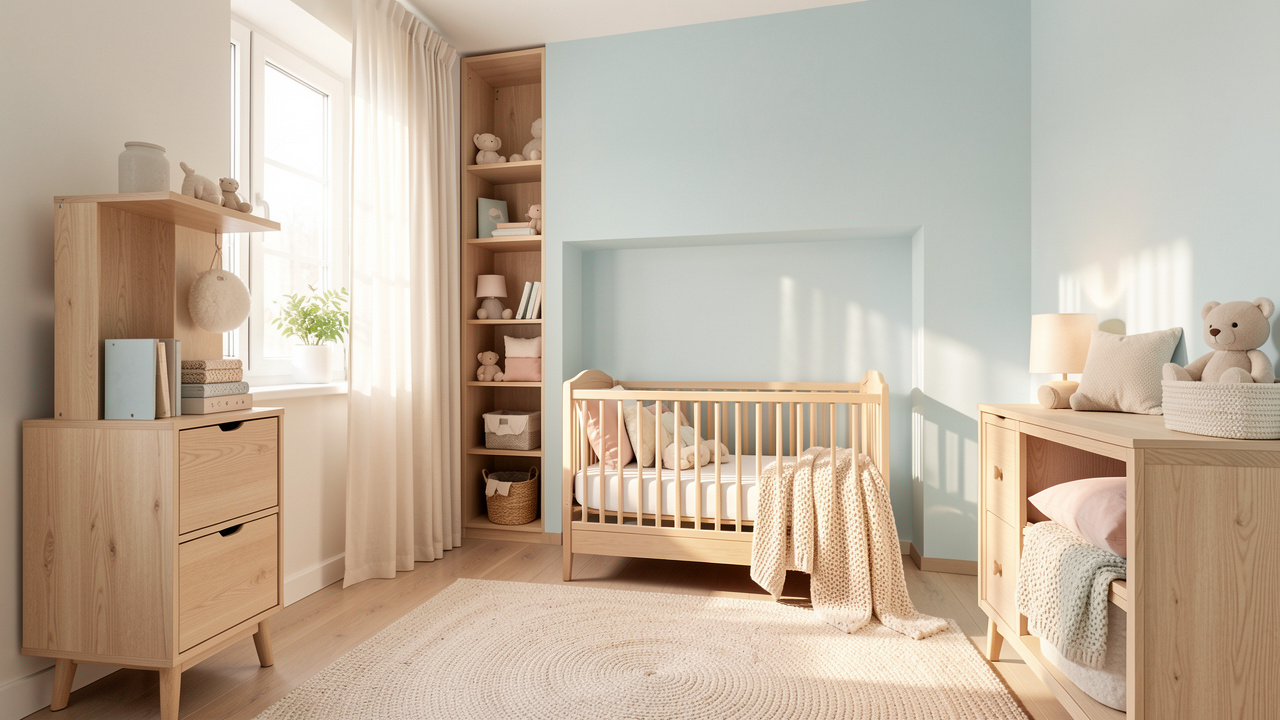 Chambre de bébé lumineuse et apaisante avec mobilier en bois clair, rangements discrets et décoration aux tons pastel doux.