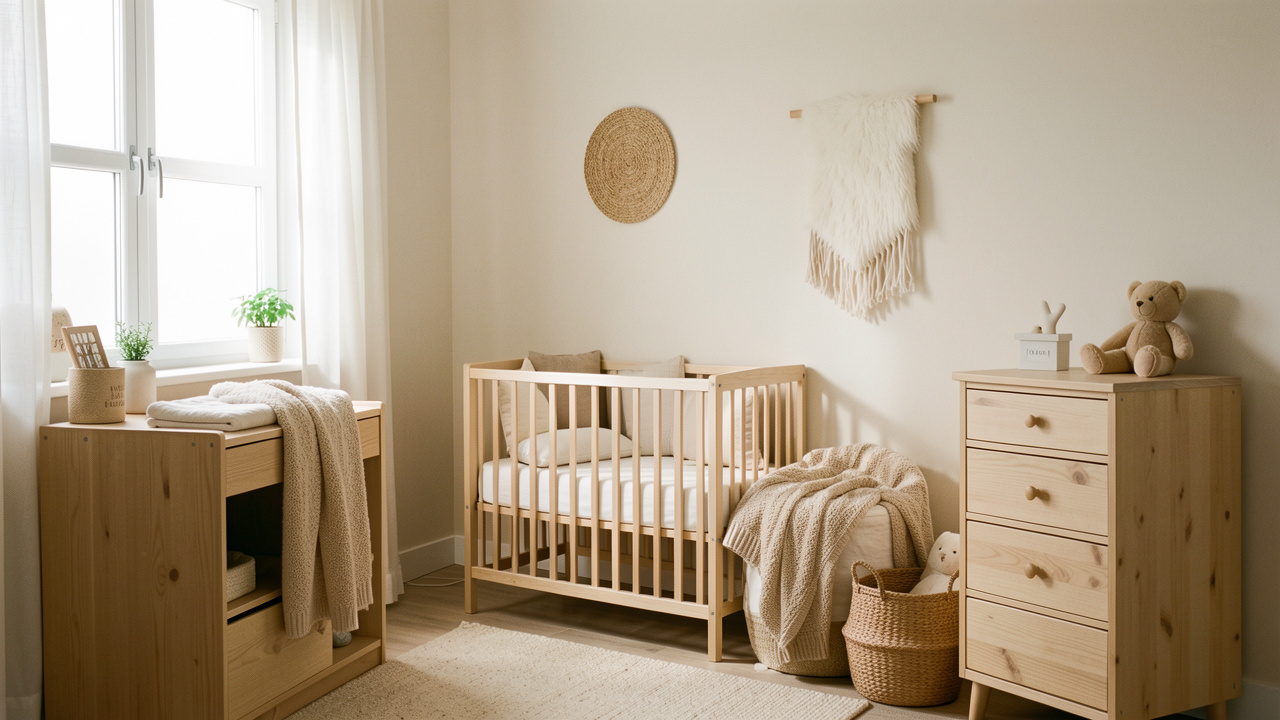 Chambre de bébé douce et lumineuse, mobilier en bois clair, ambiance cocooning beige et blanc, avec lumière naturelle entrant par une fenêtre.