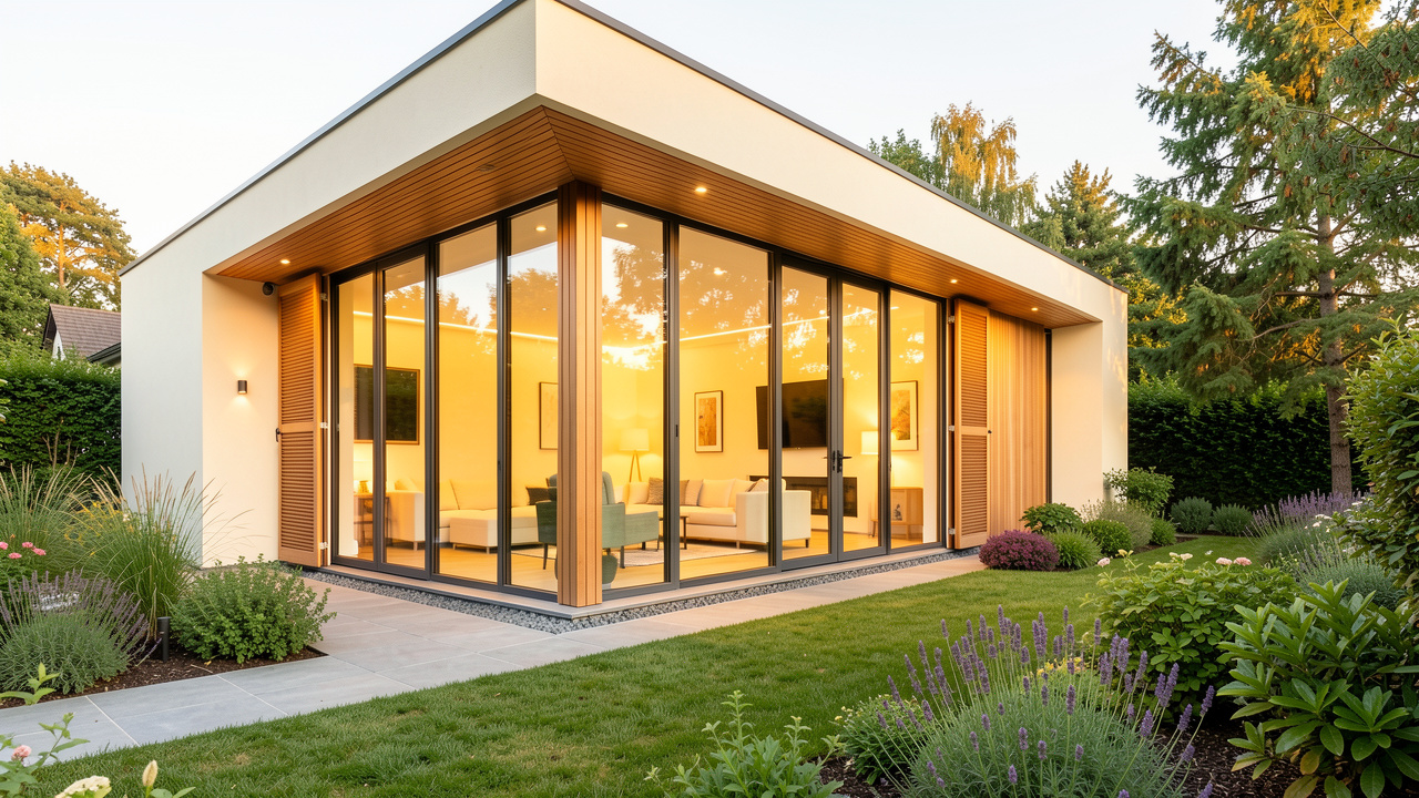 Maison rénovée lumineuse avec grandes fenêtres performantes, volets discrets et ambiance chaleureuse.