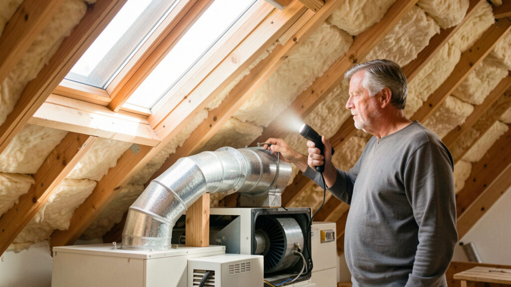 Un propriétaire inspecte avec une lampe les gaines d’un caisson de VMC propre et accessible dans des combles bien éclairés.