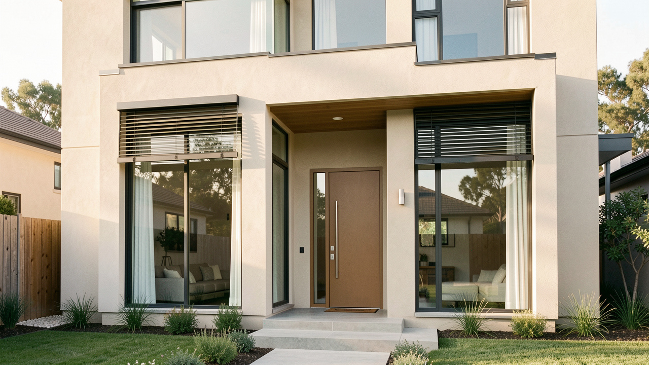 Façade d’une maison rénovée avec de grandes fenêtres, une porte moderne et des protections solaires discrètes, éclairée par une lumière douce.