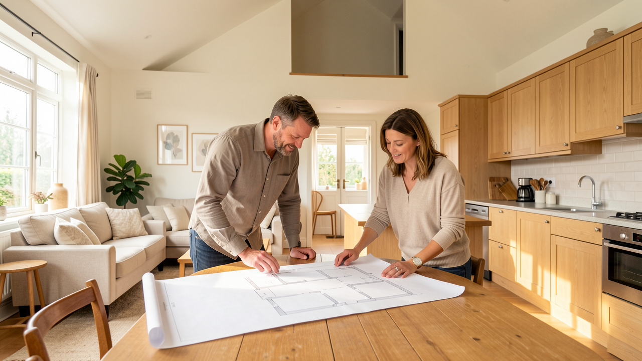 Un couple de parents examine le plan d’une grande maison lumineuse sur la table de la cuisine, avec un étage inoccupé visible à l’arrière-plan.