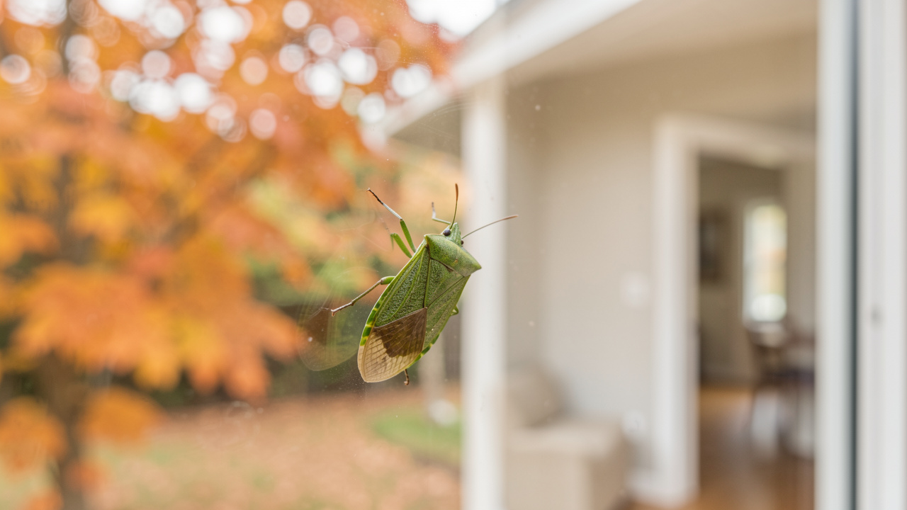 Gros plan d’une punaise verte posée sur une vitre de maison en automne, avec une lumière douce et un intérieur net en arrière-plan.