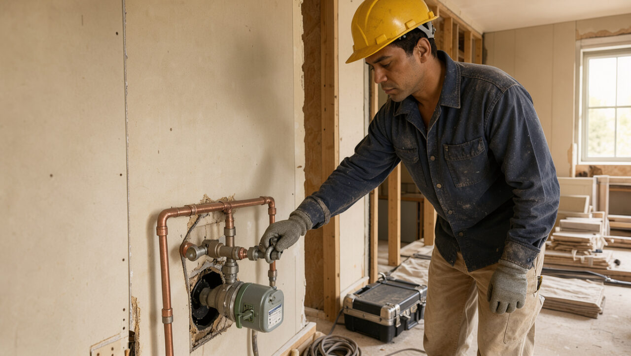 Un artisan en tenue de protection coupe soigneusement le gaz au niveau du compteur avant des travaux de rénovation intérieure.