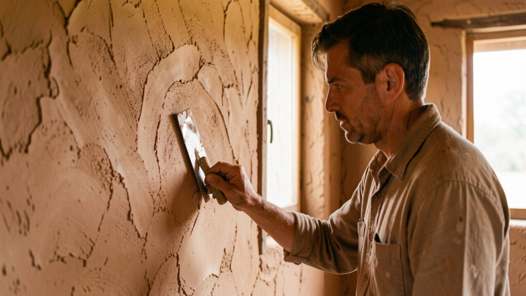 Artisan appliquant un enduit argileux naturel à la taloche sur le mur intérieur d’une maison en terre crue, éclairé par une lumière douce.
