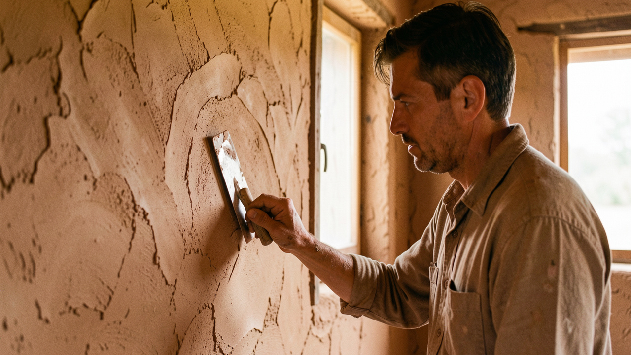 Artisan appliquant un enduit argileux naturel à la taloche sur le mur intérieur d’une maison en terre crue, éclairé par une lumière douce.