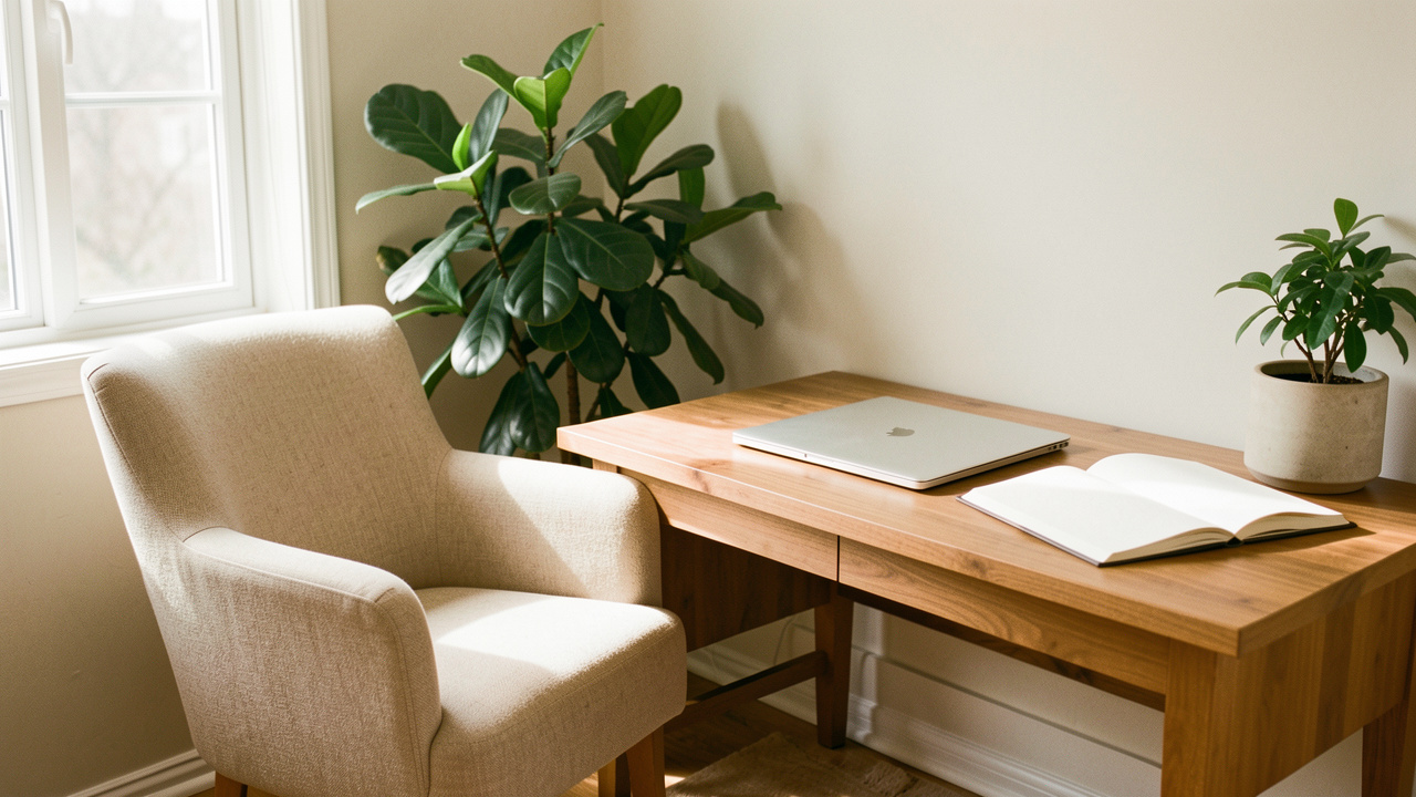 Coin bureau lumineux à domicile avec ordinateur fermé, fauteuil confortable, plante verte et livre ouvert.