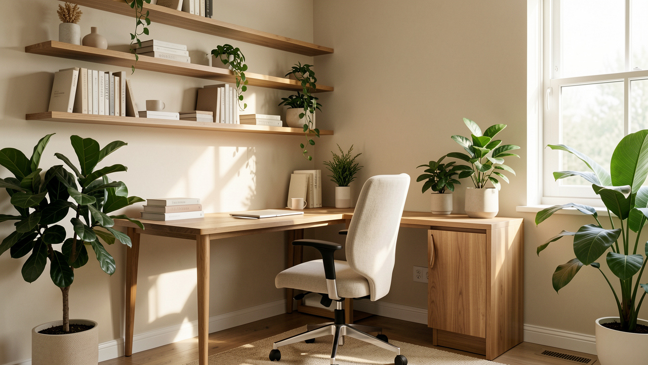 Coin bureau lumineux et élégant aménagé dans un salon avec un fauteuil ergonomique, des étagères et des plantes vertes.